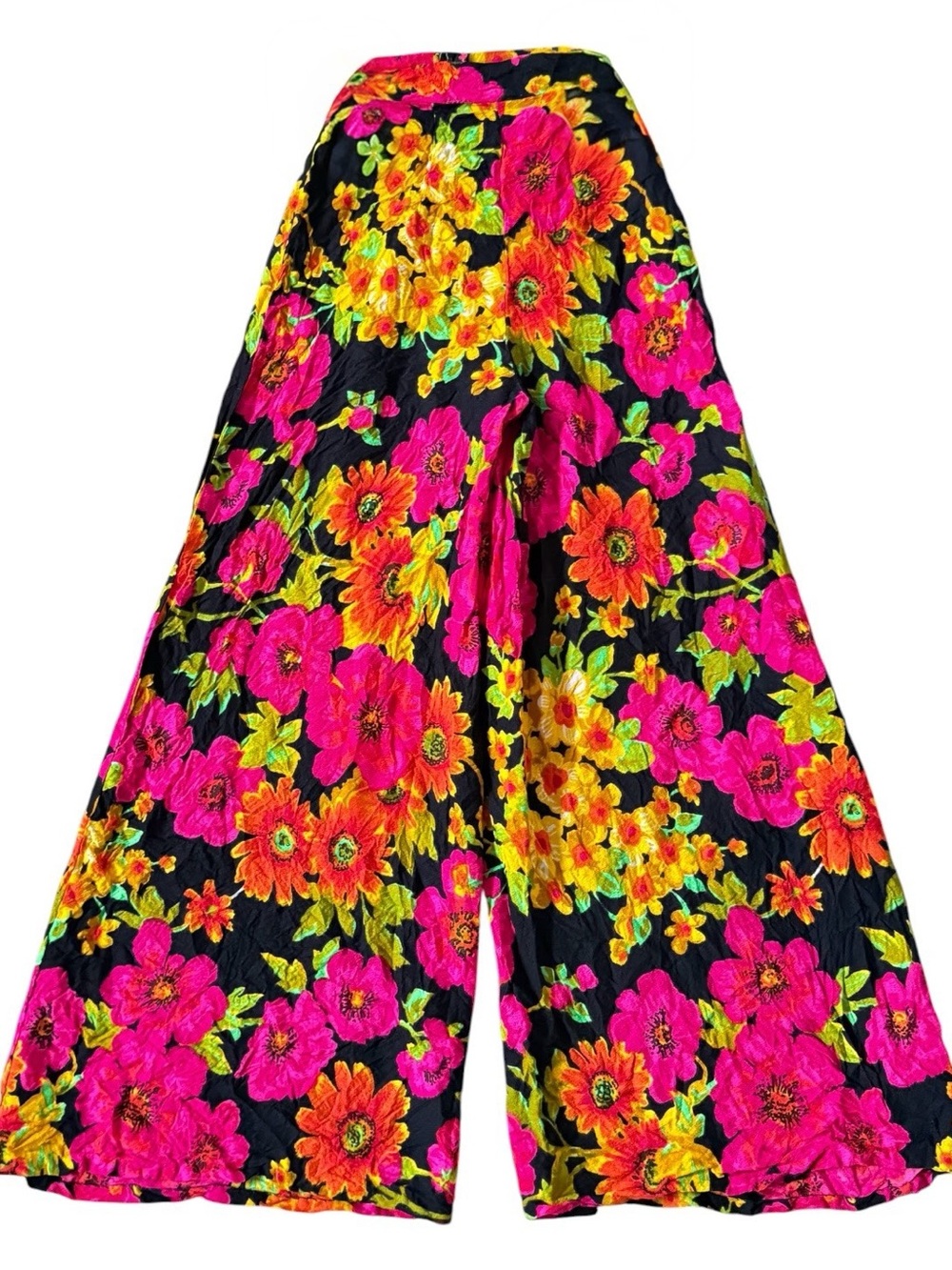 Vintage 70s Neon Floral Wide Leg Palazzo Pants High Waist Statement Size XS